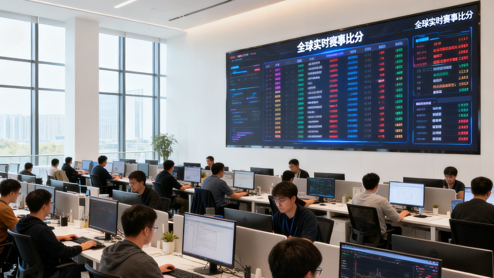 电竞比分网杭州总部开放式办公区，数十位数据分析师和工程师在工位上专注工作，墙面巨型屏幕滚动显示全球实时赛事比分，自然光透过落地窗洒入